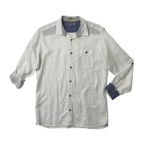 Ted Baker Shirt Mens 3 White Blue Linen Blend Flip Cuff Tab Sleeve Button Up